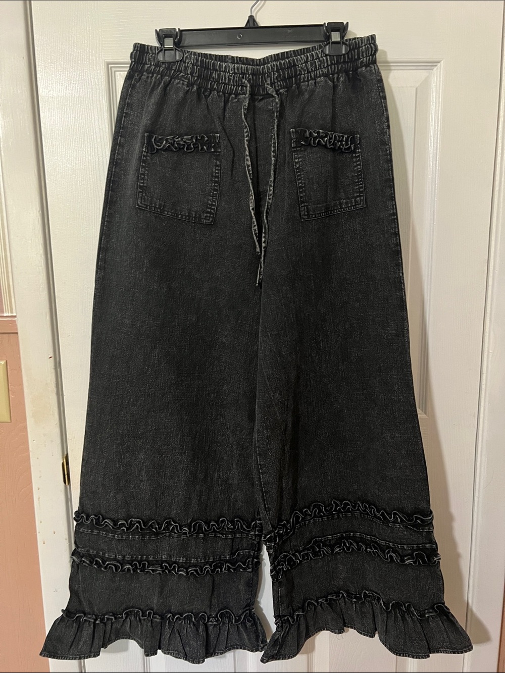 mittoshop Black Ruffle Hem Wide-Leg Pants Large